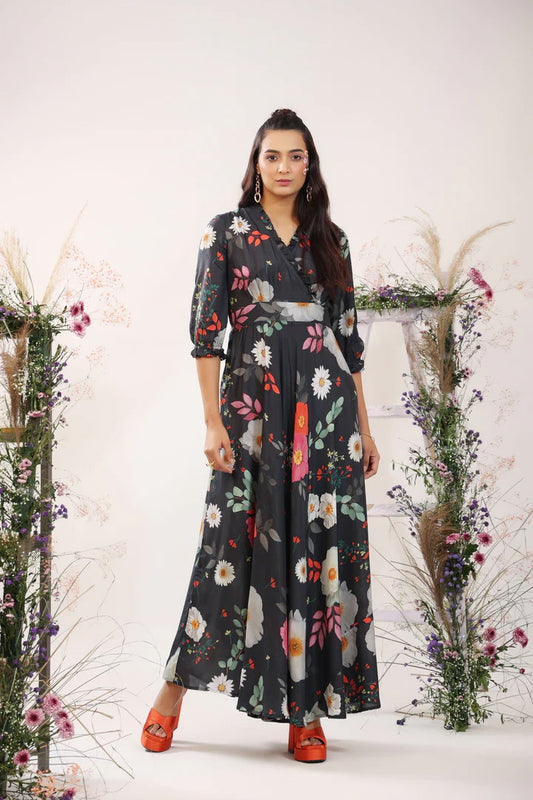 Black Women's Floral Printed Stylish Long Party Wear Maxi Dress