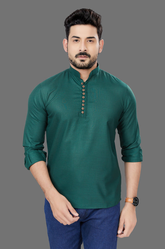 Green Cotton Short Kurta For Mens