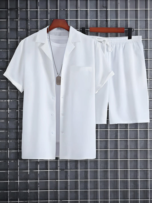 White Colour Men's Shirt And Shorts Set Short Sleeve