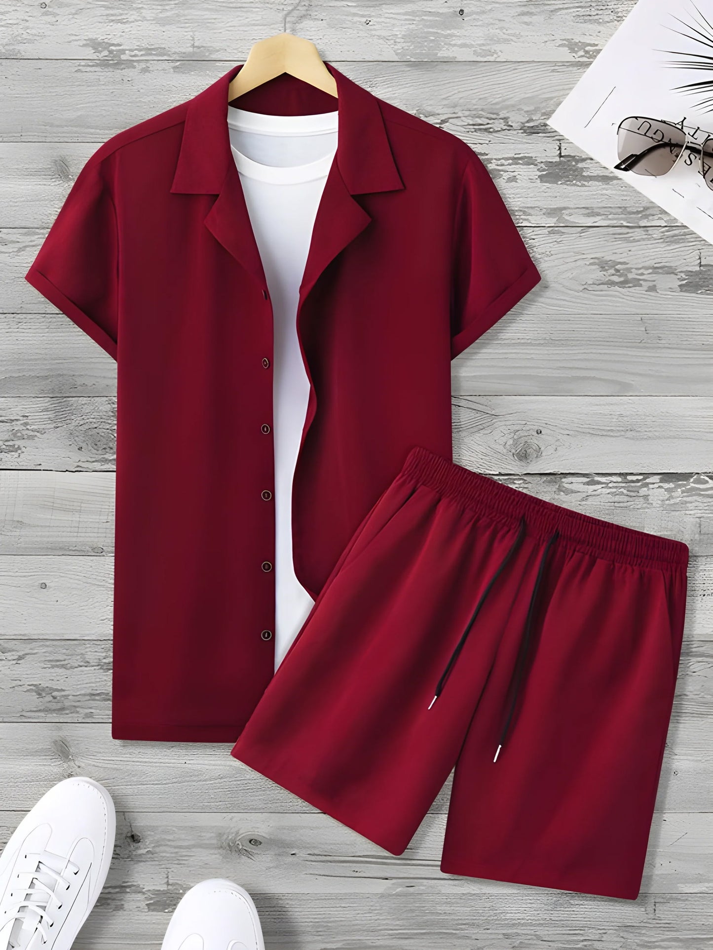 Maroon Colour Men's Shirt And Shorts Set Short Sleeve