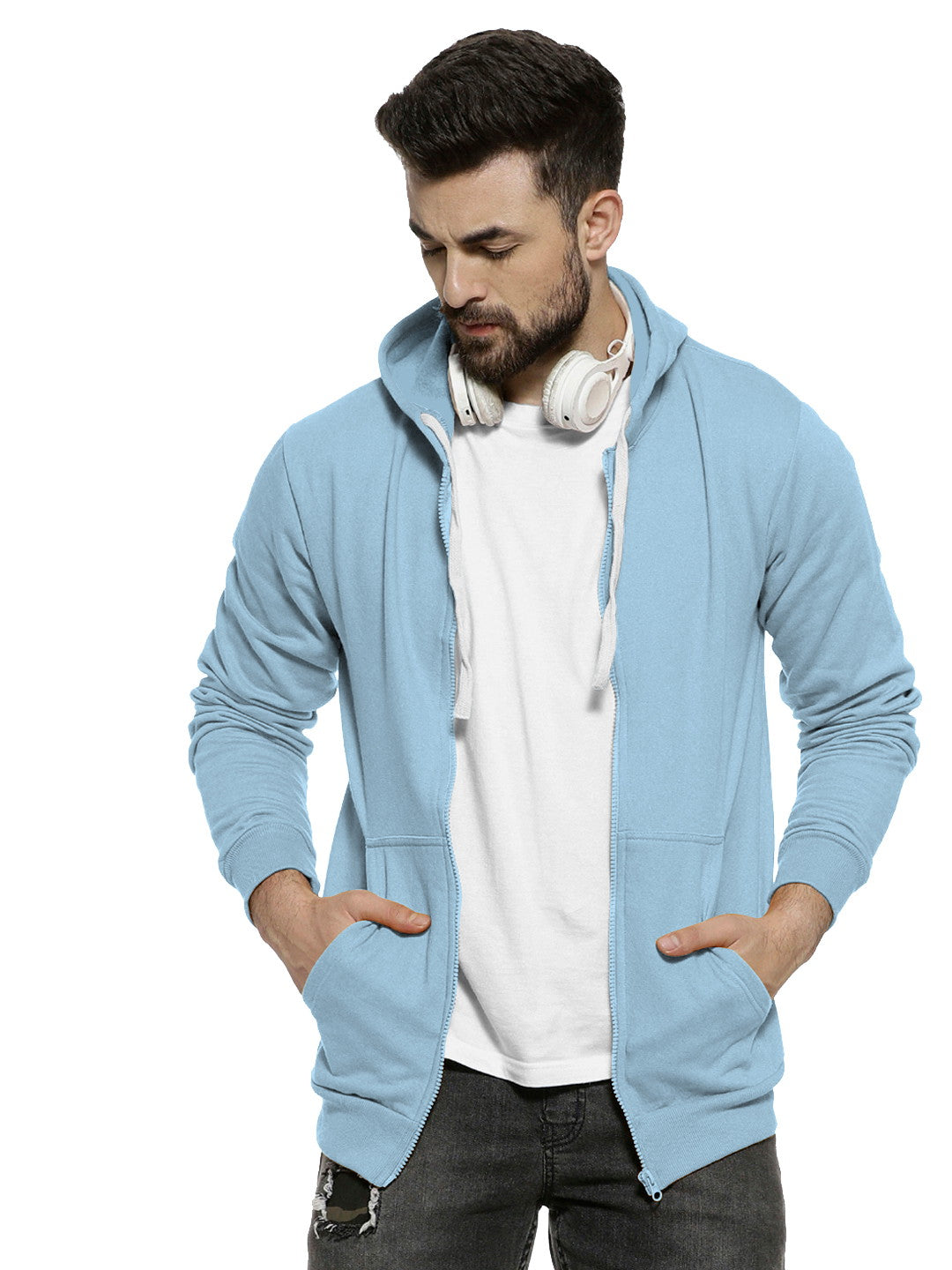 Cyan Colour Premium Zip Hoodie For Men