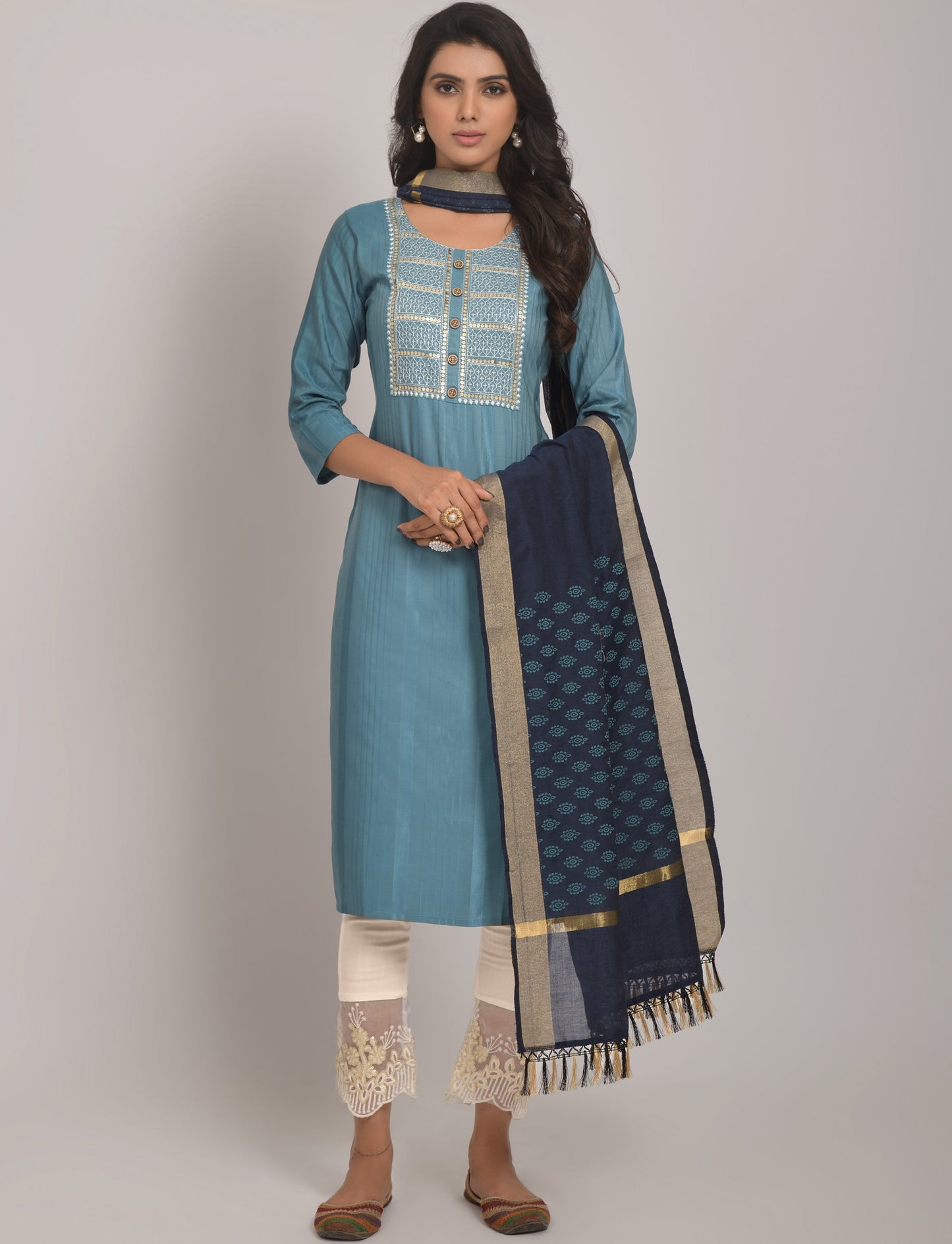 Sky Blue Party Wear Embroidery Worked Kurta With Pant And Duppata Set