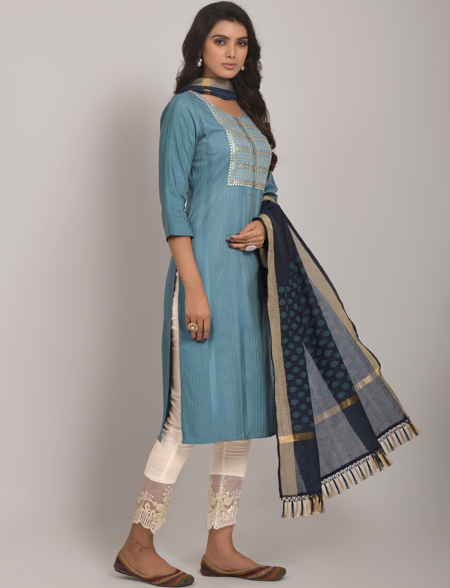 Sky Blue Party Wear Embroidery Worked Kurta With Pant And Duppata Set