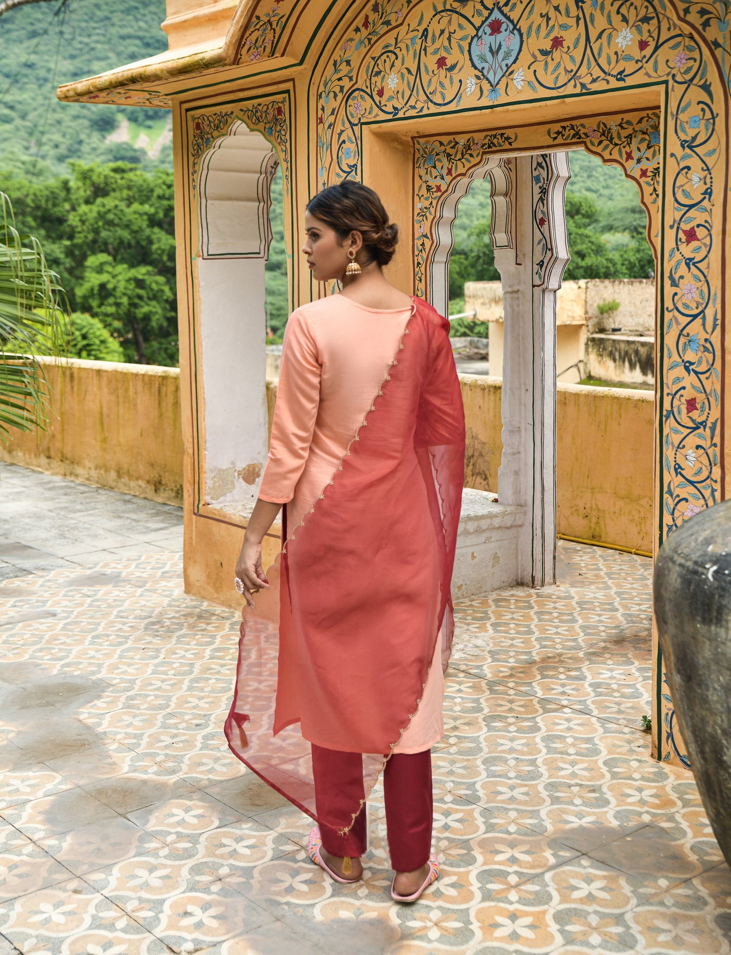 Peach Party Wear Embroidery Worked Kurta With Pant And Duppata Set