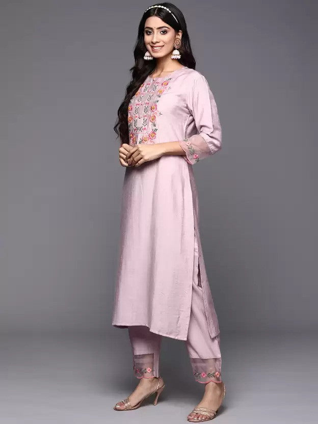 Pink Party Wear Embroidery Worked Kurta With Pant And Duppata Set