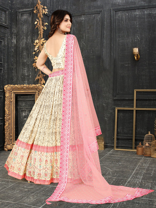 Cream Digital Printed Crape Pleated Lehenga Choli For Women