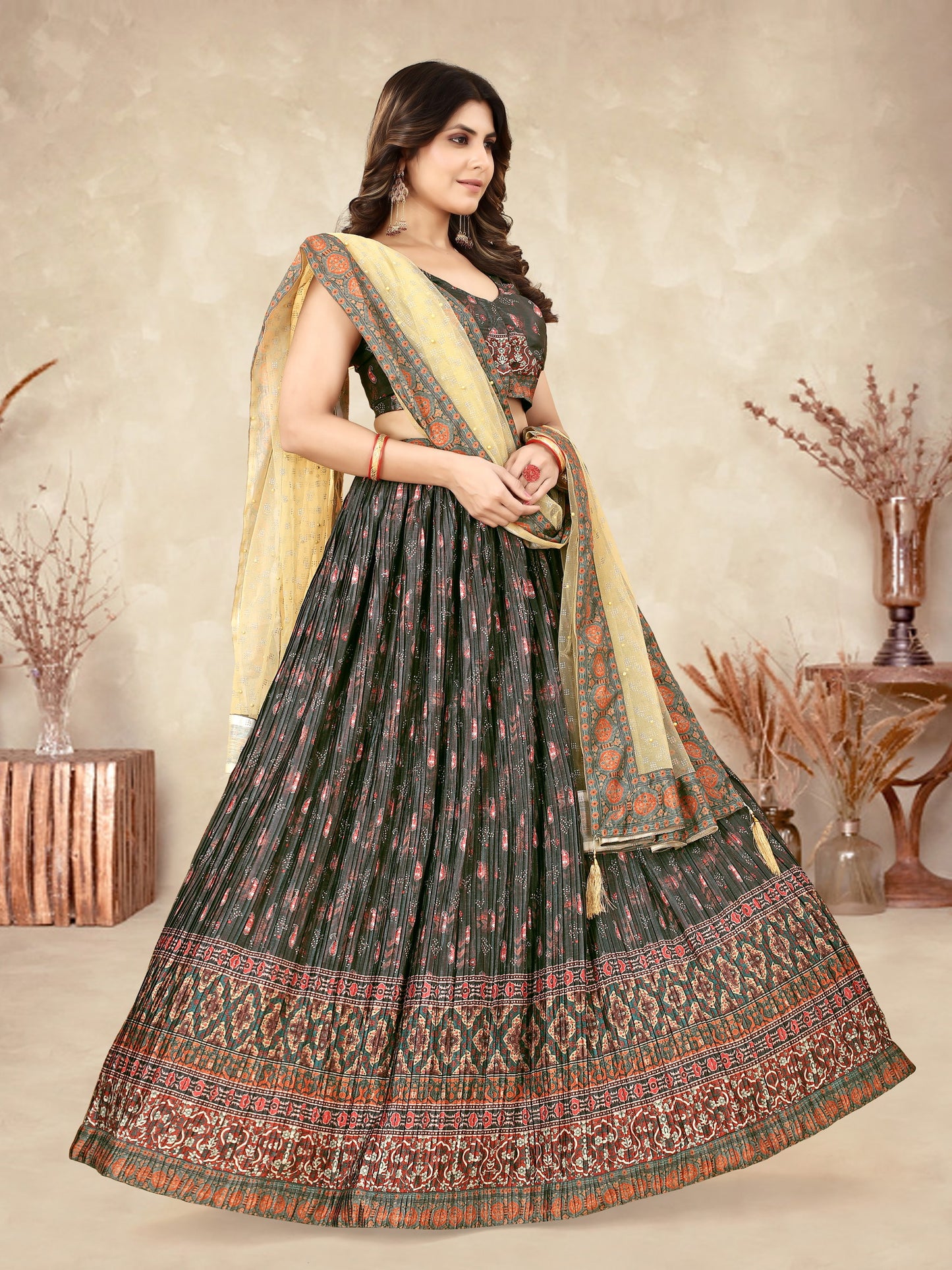 Olive Green Digital Printed Crape Pleated Lehenga Choli For Women