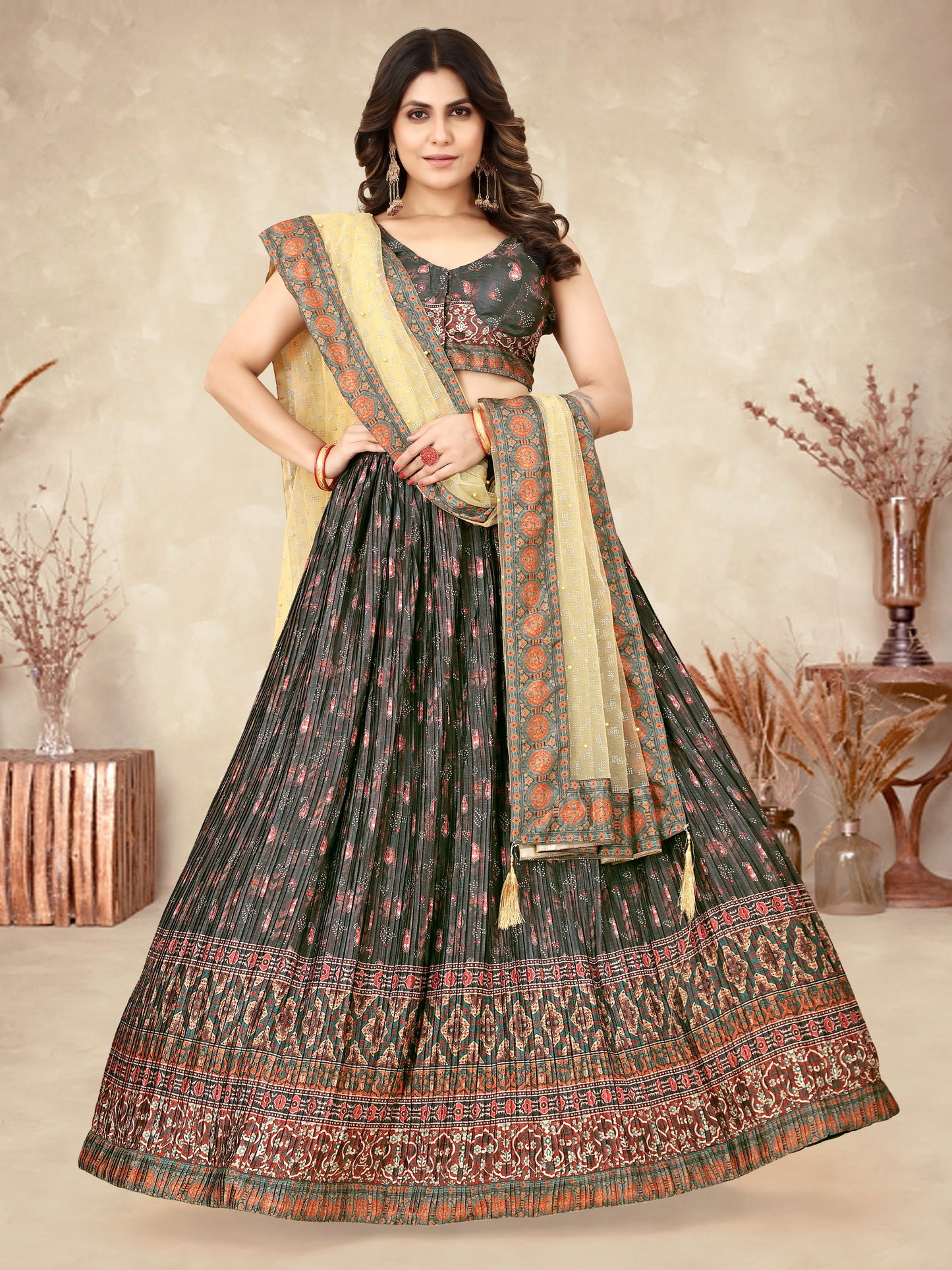 Olive Green Digital Printed Crape Pleated Lehenga Choli For Women