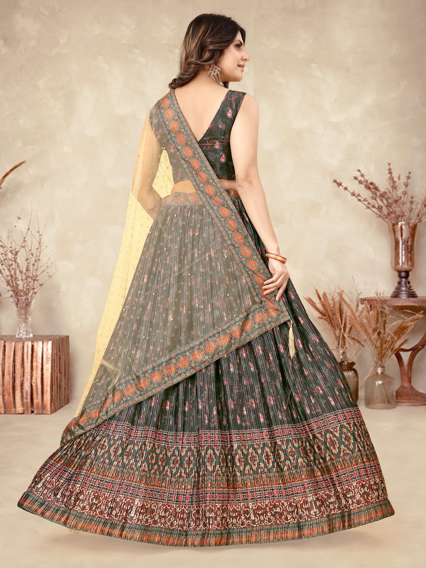 Olive Green Digital Printed Crape Pleated Lehenga Choli For Women