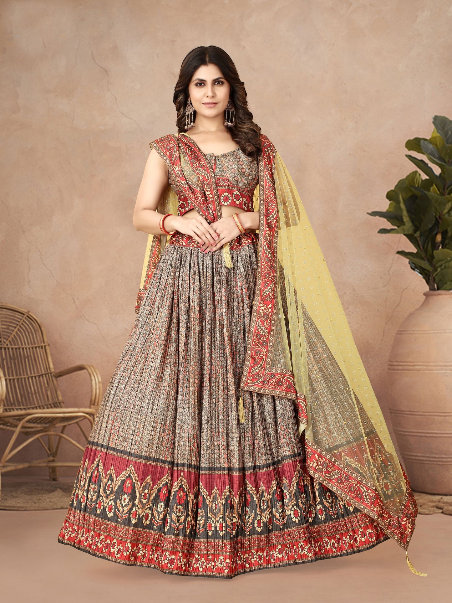 Multi Color Digital Printed Crape Pleated Lehenga Choli For Women