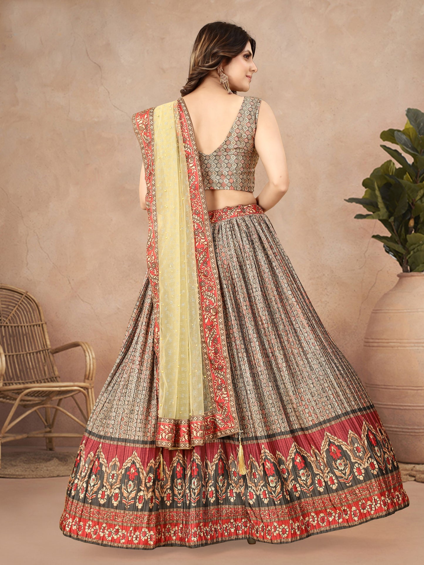 Multi Color Digital Printed Crape Pleated Lehenga Choli For Women