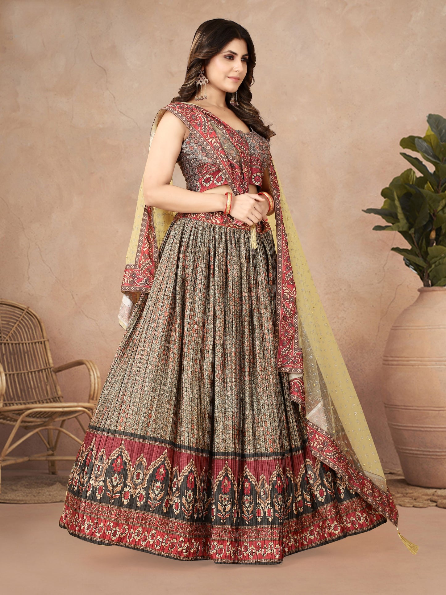 Multi Color Digital Printed Crape Pleated Lehenga Choli For Women