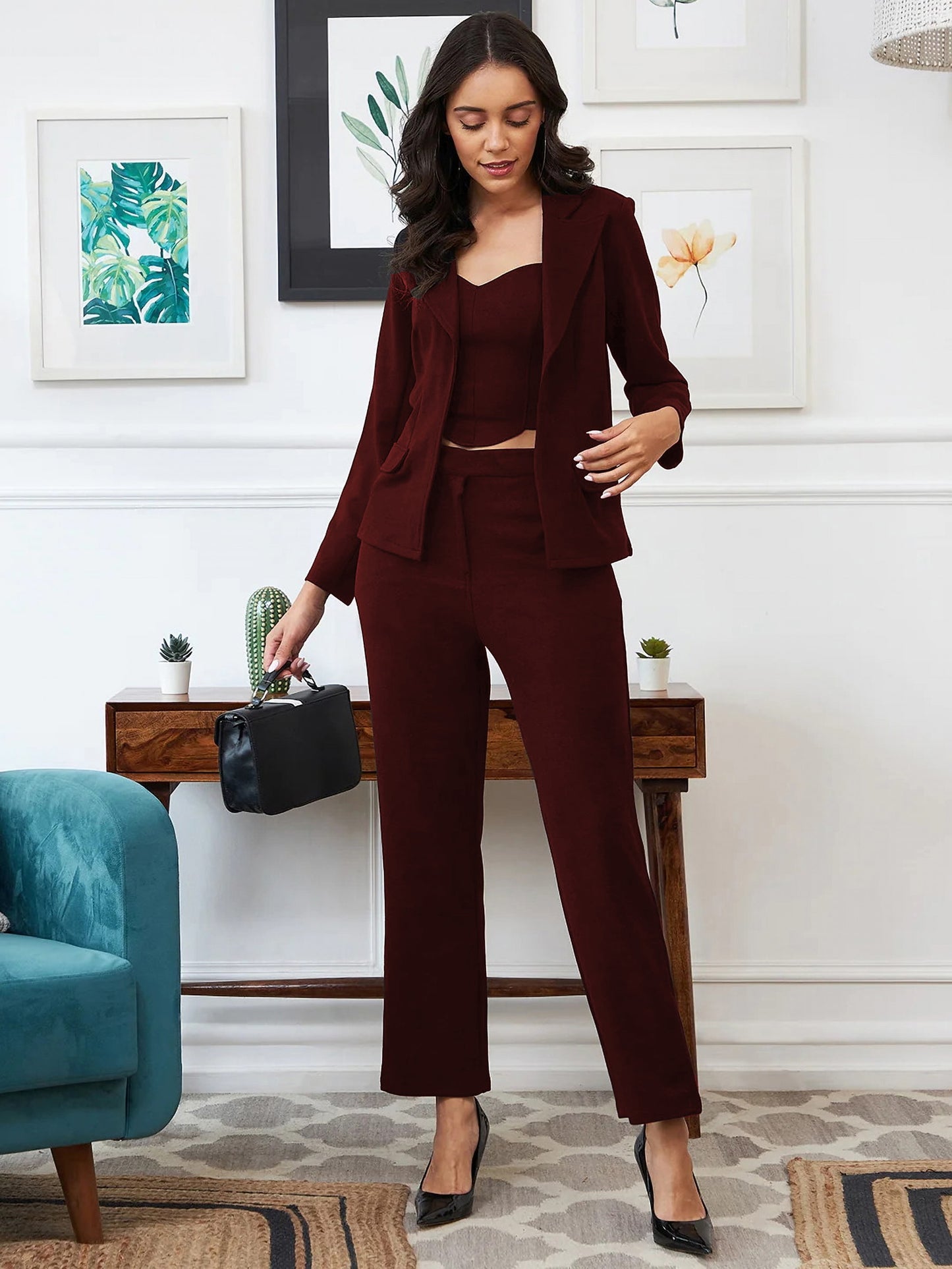 WINE JACKET TOP AND TROUSER CO-ORD SET