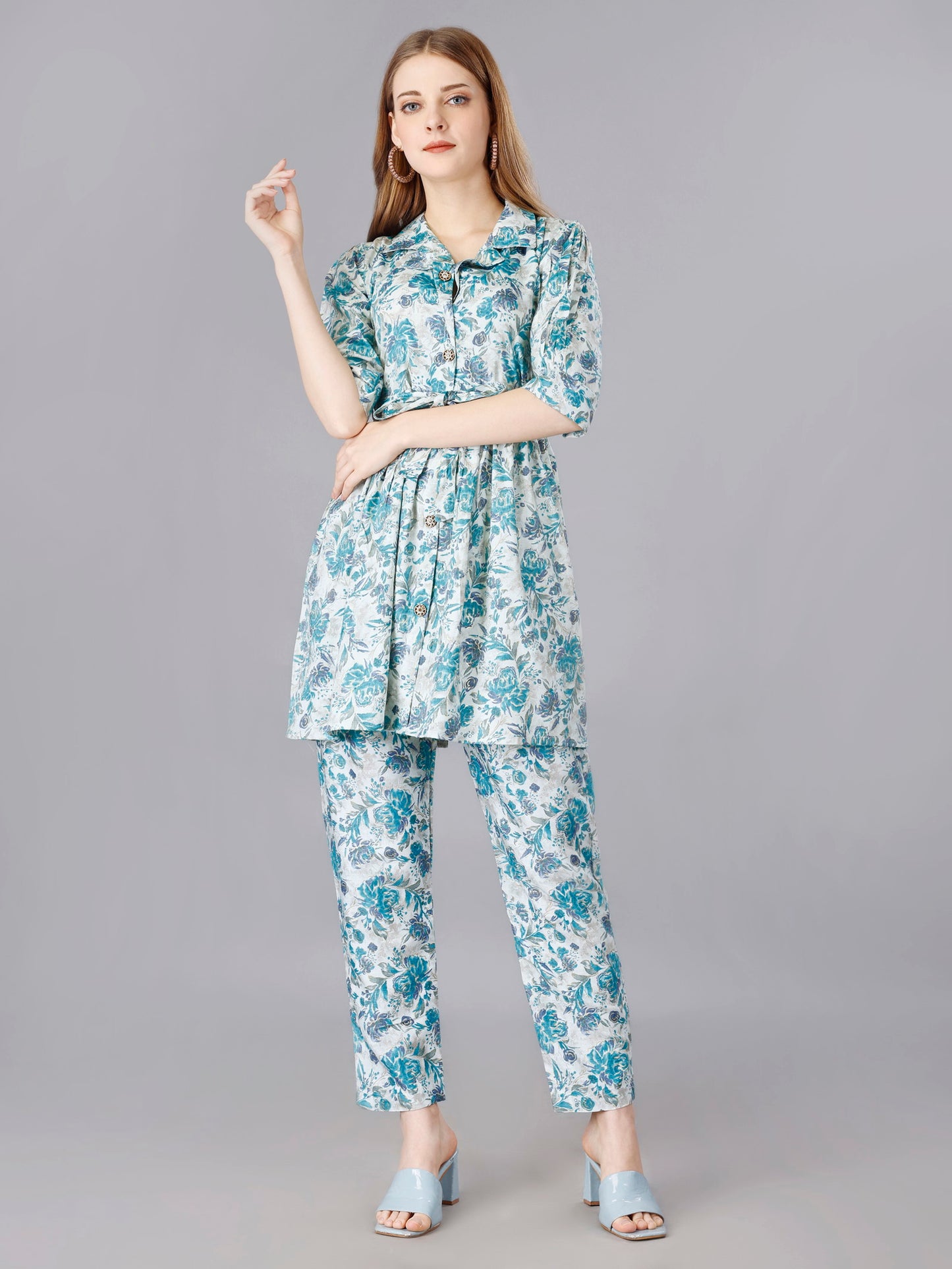 Printed  Blue 2-Piece Shirt & Trousers Set