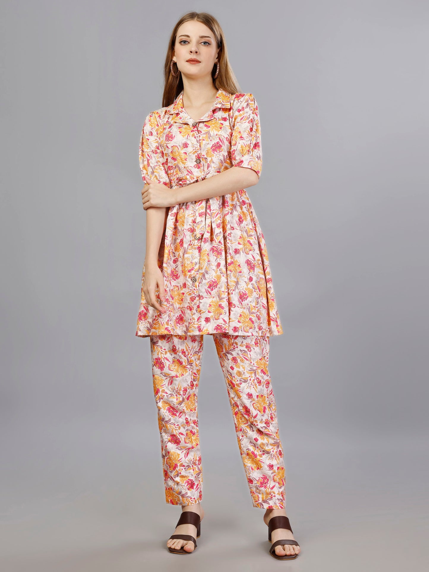 Printed Orange2-Piece Shirt & Trousers Set