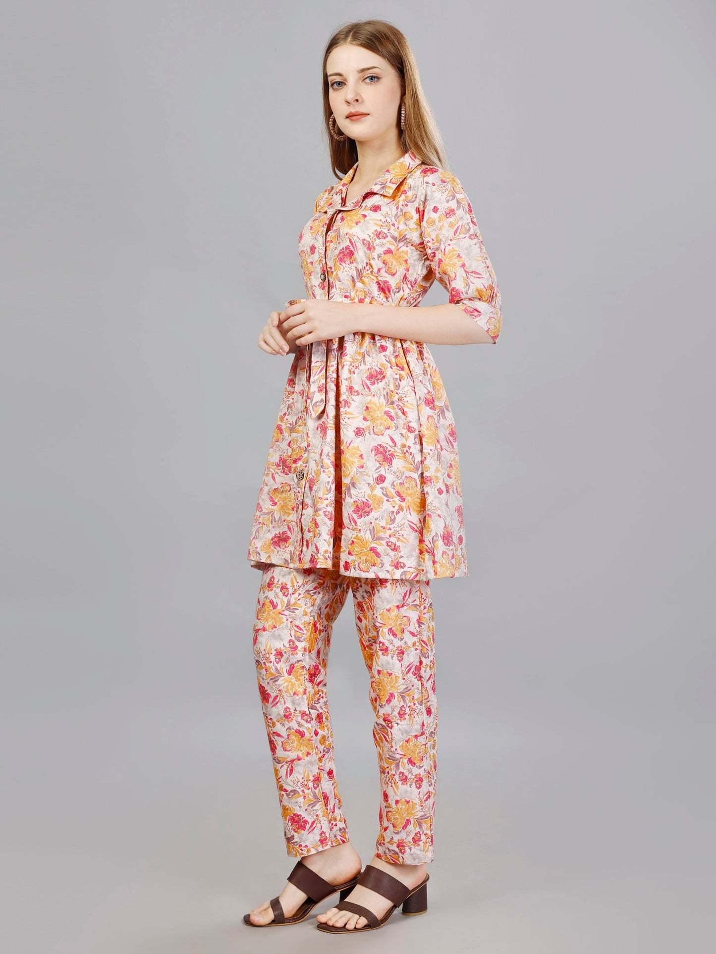 Printed Orange2-Piece Shirt & Trousers Set