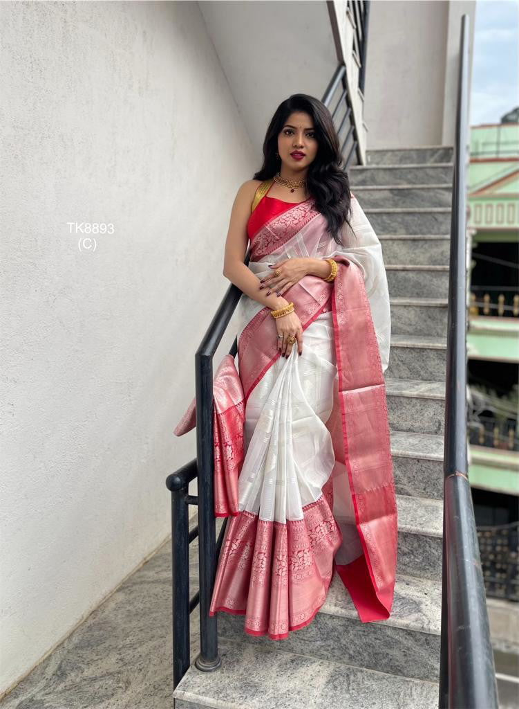 Festive Wear Soft Silk White Jacquard Weaving Saree