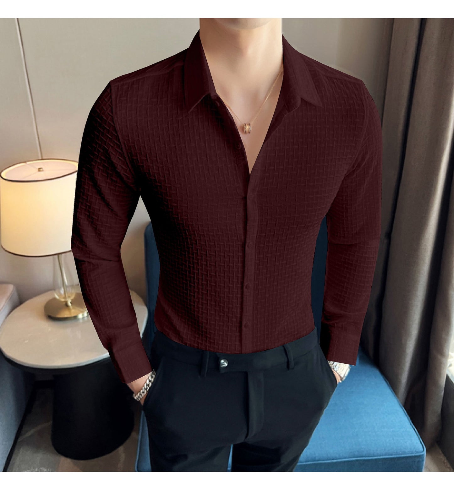 Maroon  Checks Structured Premium Shirt