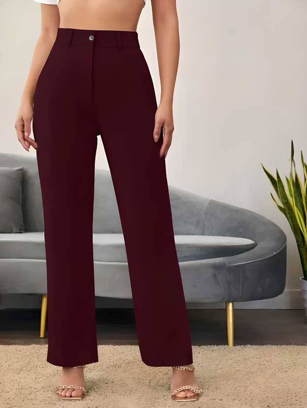 Elegant Maroon Lycra Solid Trousers For Women